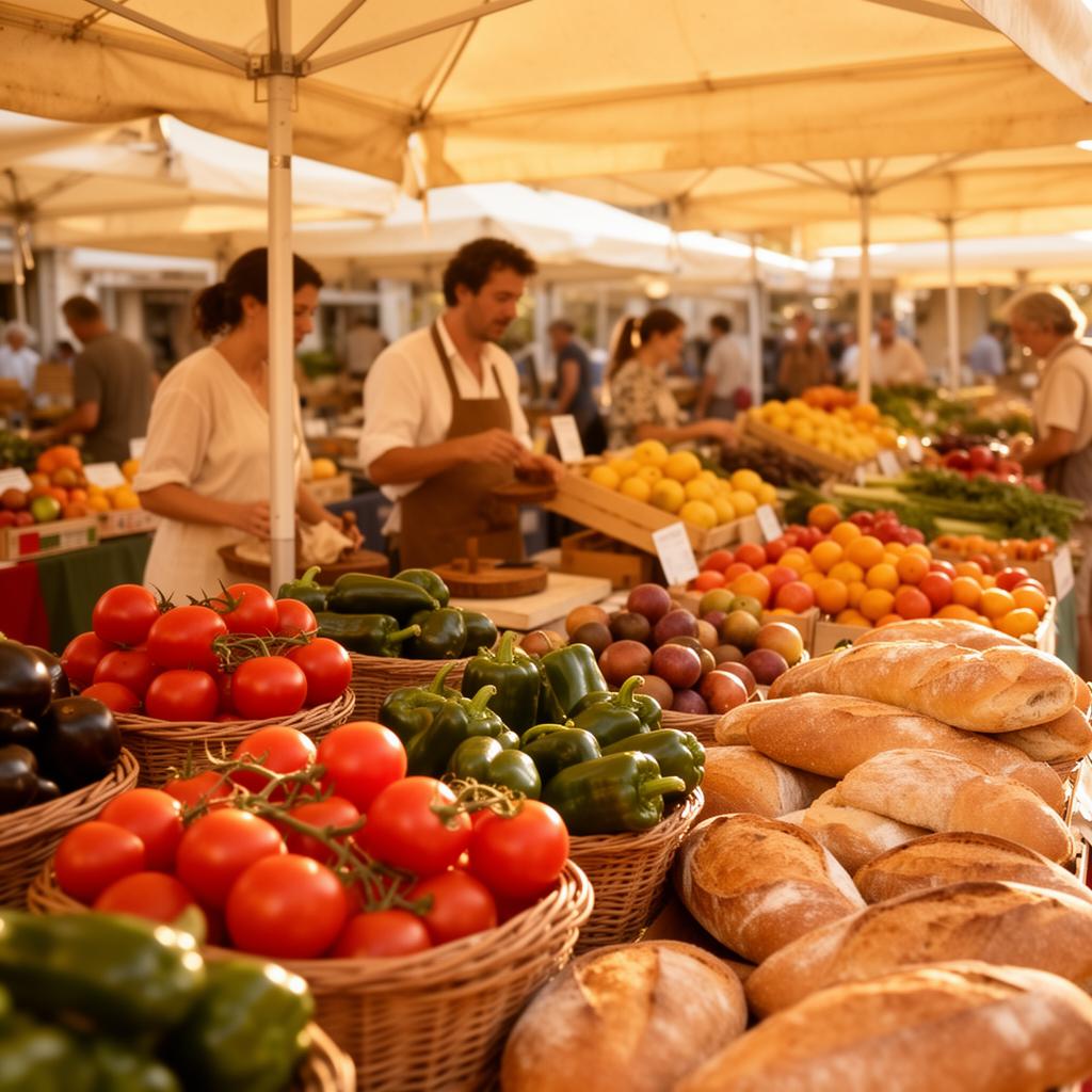 Marché de producteurs français animé avec étals colorés